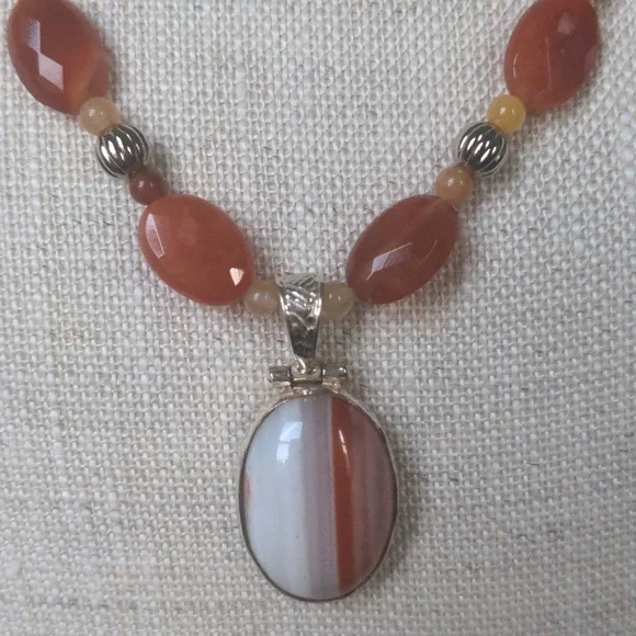 New Orange & Cream Agate Beaded Pendant Necklace, Sterling Silver, Unique, Boxed - Picture 2 of 8